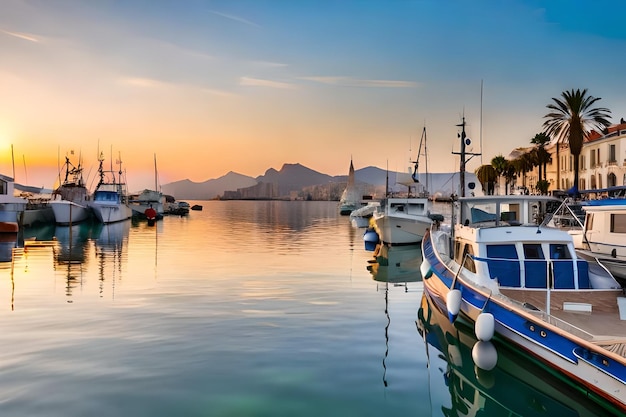 un bateau est amarré dans l'eau avec un coucher de soleil en arrière-plan.