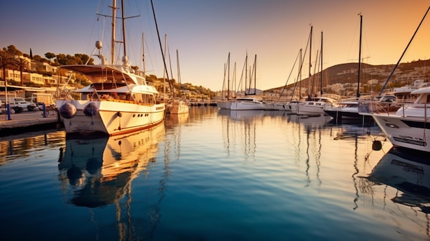 Un bateau est amarré dans un port avec un coucher de soleil en arrière-plan.