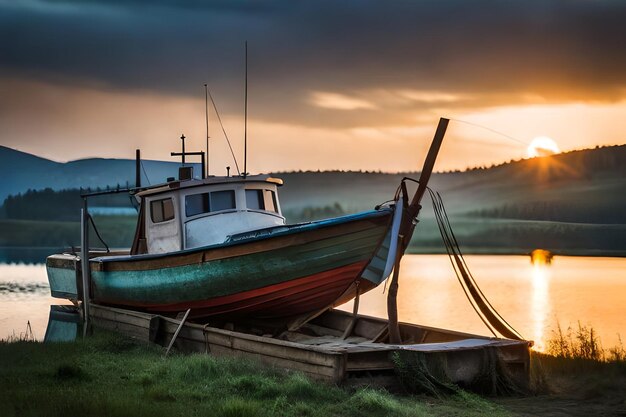 Photo un bateau est amarré dans un port avec un coucher de soleil en arrière-plan.