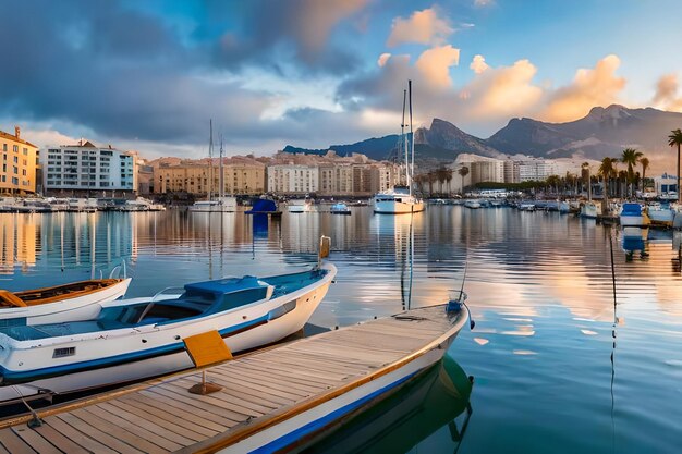 un bateau est amarré dans un port avec les montagnes en arrière-plan.