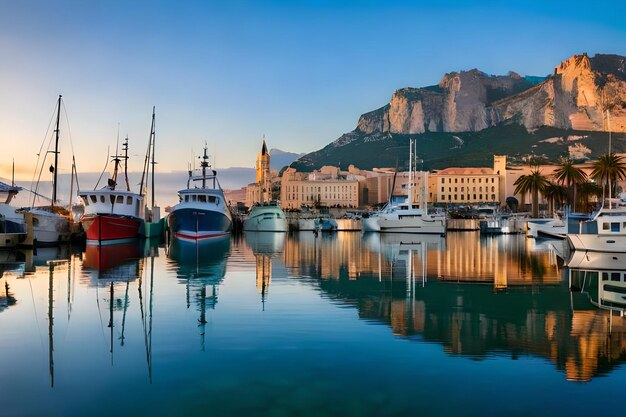 Un bateau est amarré dans un port avec des montagnes en arrière-plan.