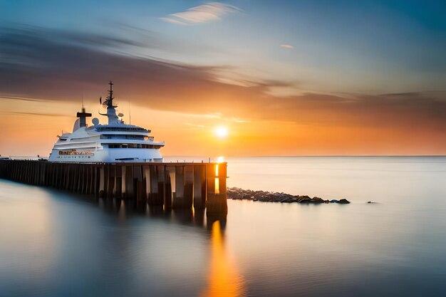 Photo un bateau est amarré à une jetée avec le soleil couchant derrière lui