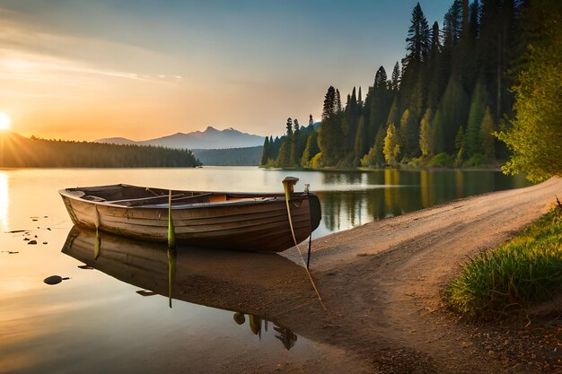 un bateau est amarré sur un lac avec une corde verte.