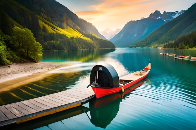 Un bateau est amarré à un lac avec une montagne en arrière-plan.