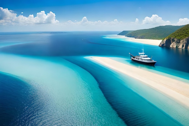 Un bateau est amarré sur une plage avec un banc de sable blanc en arrière-plan.