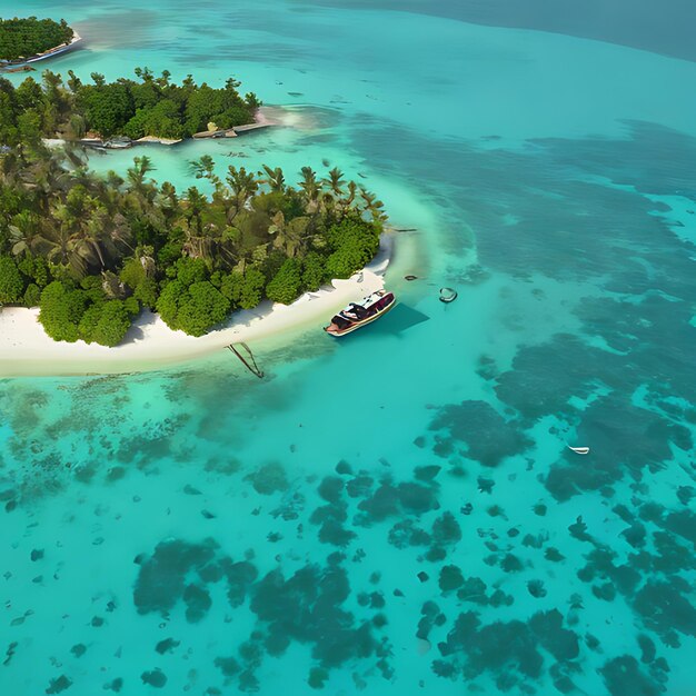 Photo un bateau est amarré sur une plage de sable avec quelques palmiers