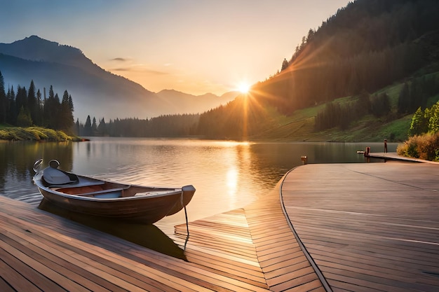 Un bateau est amarré sur un quai au coucher du soleil.