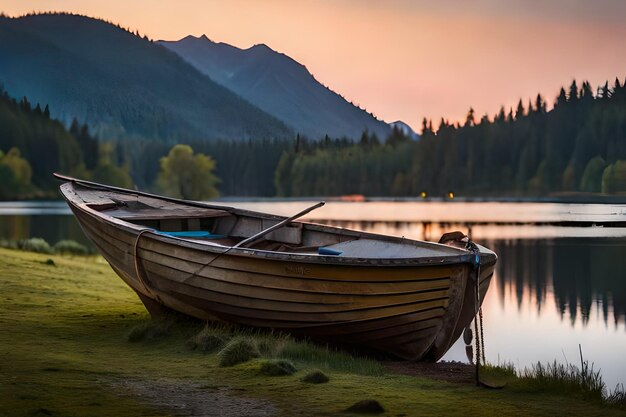 Un bateau est amarré sur le rivage d'un lac.