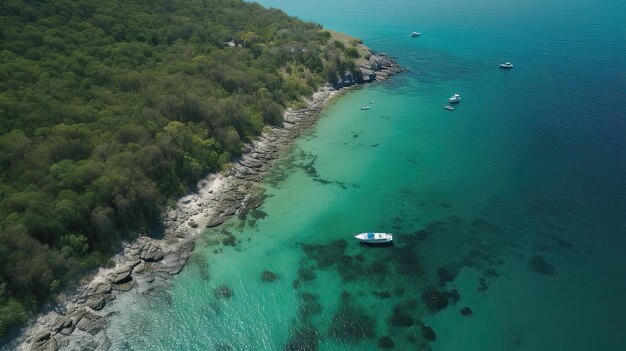 Un bateau est ancré dans l'eau près d'une plage Generative Ai