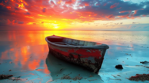 un bateau est assis dans l'eau avec le soleil qui se couche derrière lui