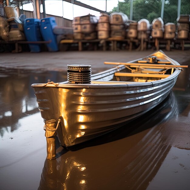 un bateau est assis dans un entrepôt avec d'autres barils