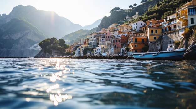 Un bateau est assis sur l'eau près d'un village.