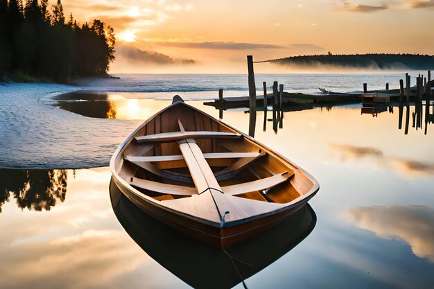 Un bateau est assis sur un lac avec un coucher de soleil en arrière-plan.