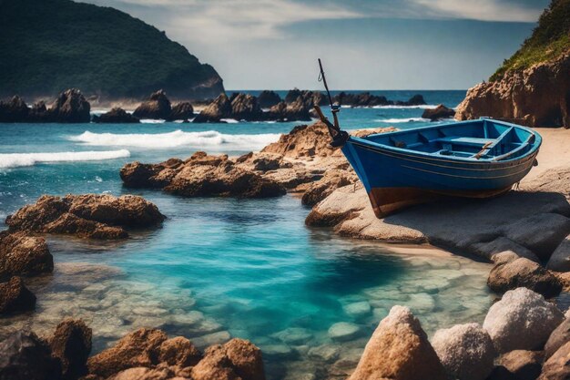 Photo un bateau est assis sur la plage à côté d'une rive rocheuse