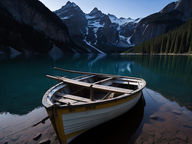 Un bateau est assis sur le rivage d'une montagne générative