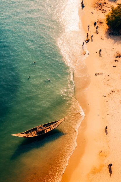 Le bateau est assis sur le rivage de la plage avec des gens qui nagent dans l'eau IA générative