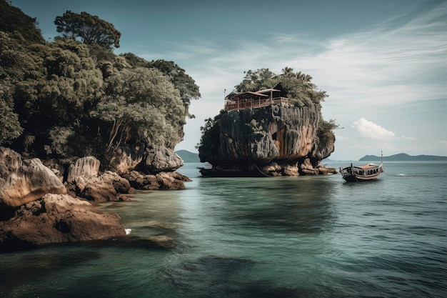 Un bateau est assis sur un rocher dans l'océan.