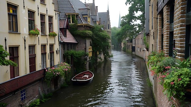 Photo un bateau est attaché à un bâtiment avec un toit rouge