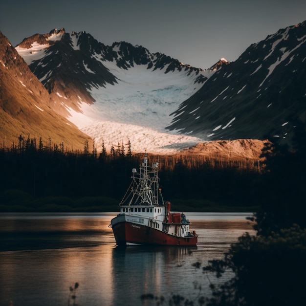 Un bateau est dans l'eau avec une grande montagne en arrière-plan.