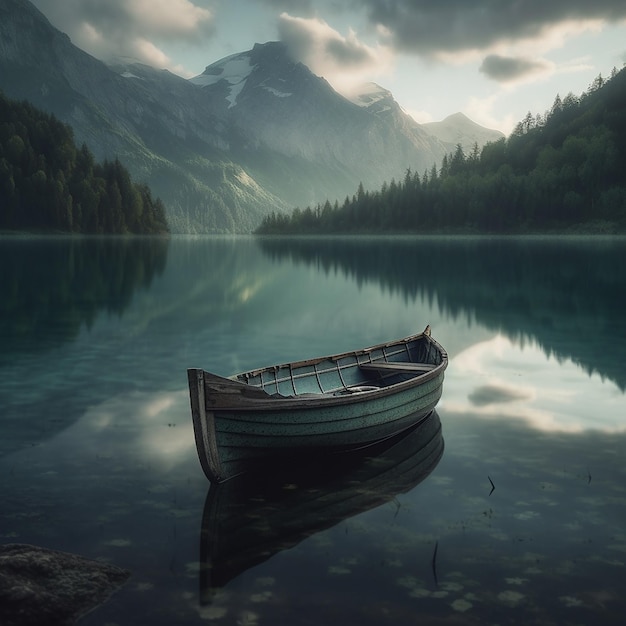 Un bateau est dans l'eau avec une montagne en arrière-plan.