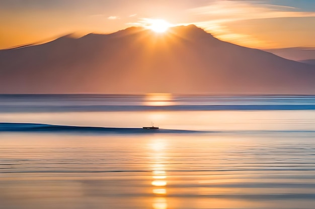 un bateau est dans l'eau avec le soleil qui se couche derrière lui