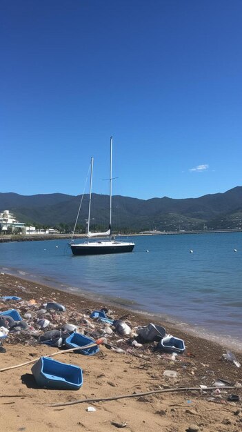 Photo un bateau est dans l'eau avec une toile bleue sur le fond