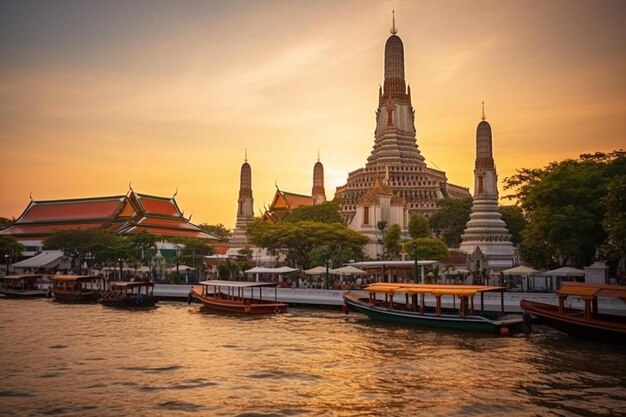 Photo un bateau est sur l'eau avec un coucher de soleil derrière lui