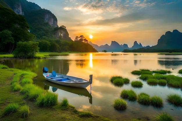 Un bateau est sur l'eau avec des montagnes en arrière-plan.