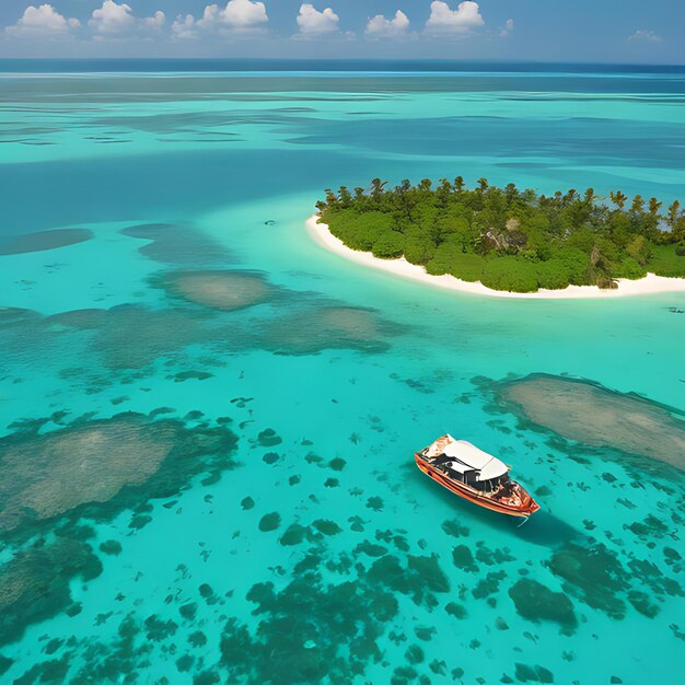 Photo un bateau est sur l'eau avec une petite île au milieu