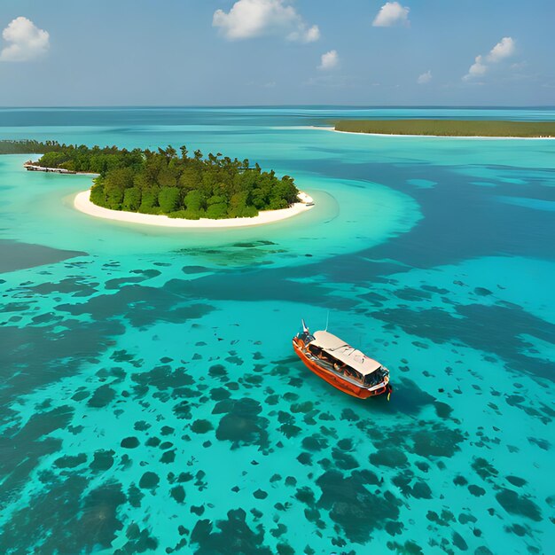 un bateau est sur l'eau avec une petite île au milieu