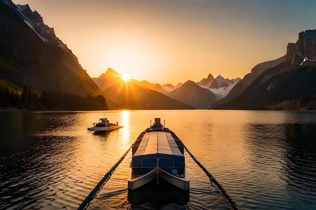 Un bateau est sur un lac avec des montagnes en arrière-plan.