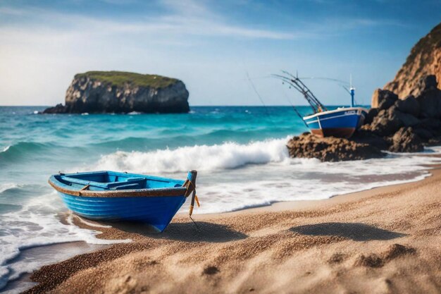 Photo un bateau est sur la plage et l'eau est bleue.