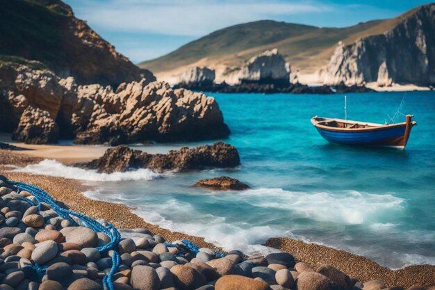 Photo un bateau est sur la plage et est dans l'eau