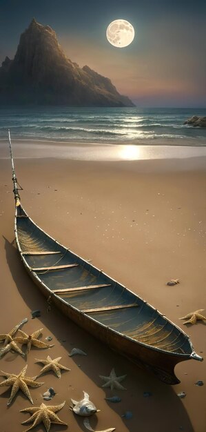 Photo un bateau est sur la plage et le soleil se couche.