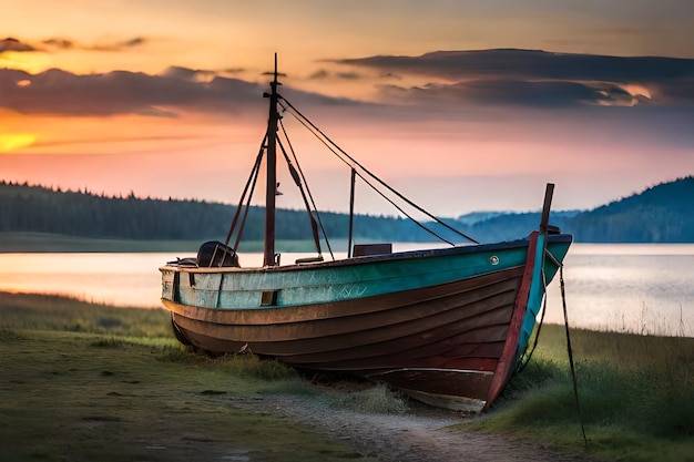 un bateau est posé sur le rivage et le ciel est orange et bleu.