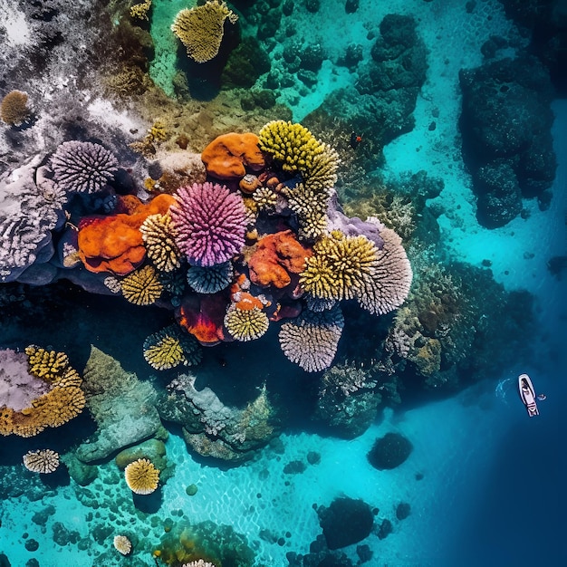 Un bateau est sur un récif de corail avec beaucoup de choses de couleurs différentes.