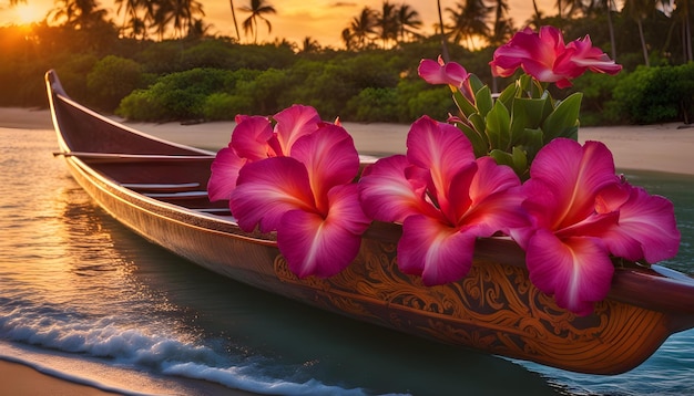 un bateau avec des fleurs qui dit " hibiscus " au fond