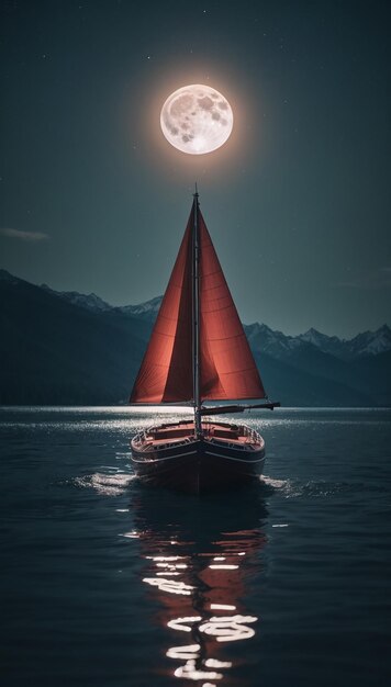 Un bateau flottant sous l'eau sous la lune