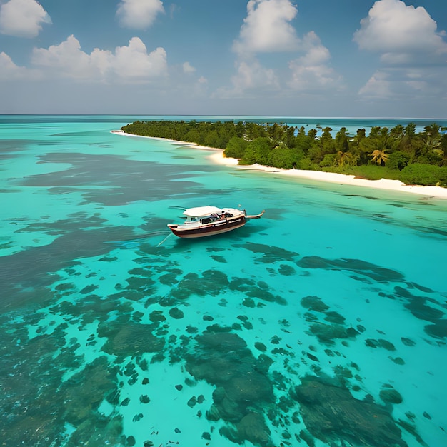 Photo un bateau flotte dans l'eau avec des arbres et une plage de sable