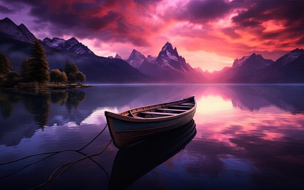 Photo un bateau flotte dans l'eau avec des montagnes en arrière-plan