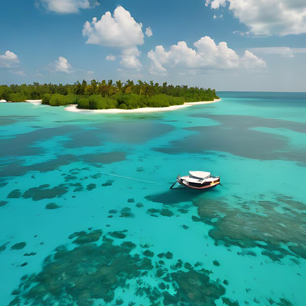 Photo un bateau flotte dans l'eau avec une plage en arrière-plan