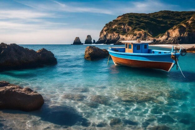 Photo un bateau flotte dans l'eau près de quelques rochers