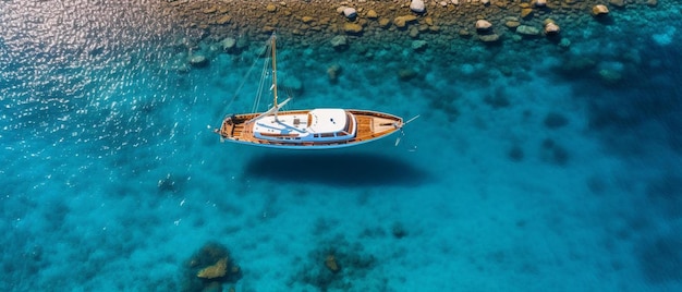 Photo un bateau flotte dans l'eau avec un voilier au fond