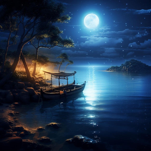Un bateau flotte sur l'étang de la nuit au clair de lune belle image Ai a généré de l'art