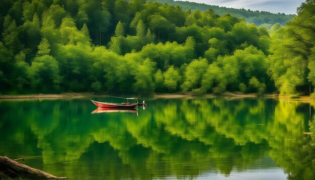 un bateau flotte sur un lac avec une forêt en arrière-plan