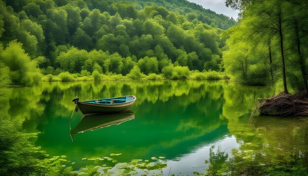 Photo un bateau flotte sur un lac avec une forêt en arrière-plan