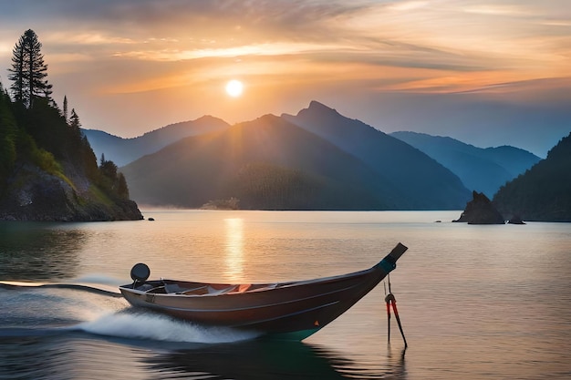 Un bateau flotte sur un lac avec des montagnes en arrière-plan.