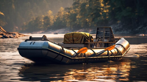 Photo bateau gonflable sur un lac sous les rayons du coucher du soleil générateur d'ia