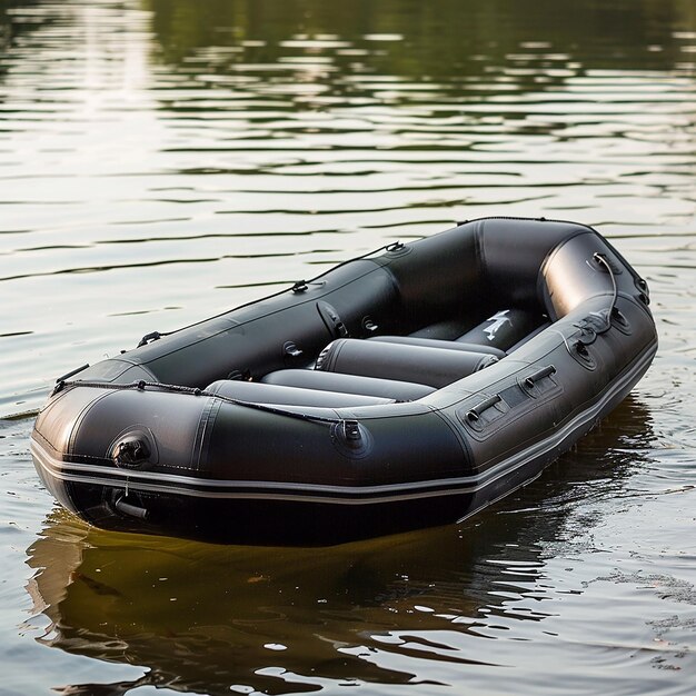 Photo un bateau gonflable noir avec une bande noire et blanche sur le côté