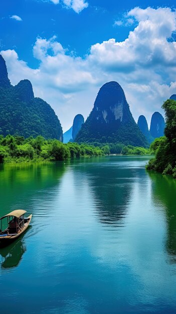 Photo un bateau avec un homme sur lui flotte dans un lac avec des montagnes en arrière-plan